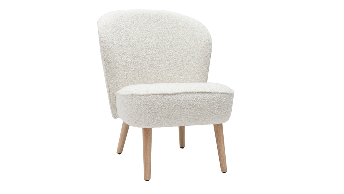 Skandinavischer Sessel mit Bouclé-Wolleffekt in Weiß und massivem Hevea-Holz AMANITA