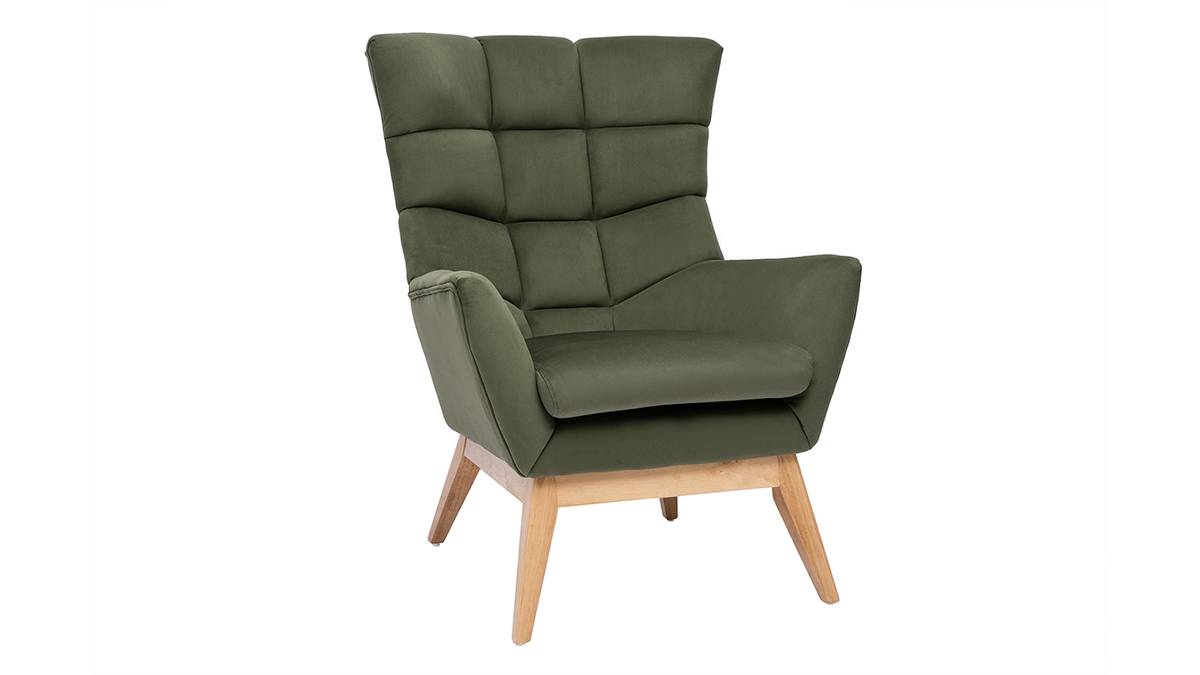 Skandinavischer Sessel mit Samteffekt in Khaki und Holz BRODY