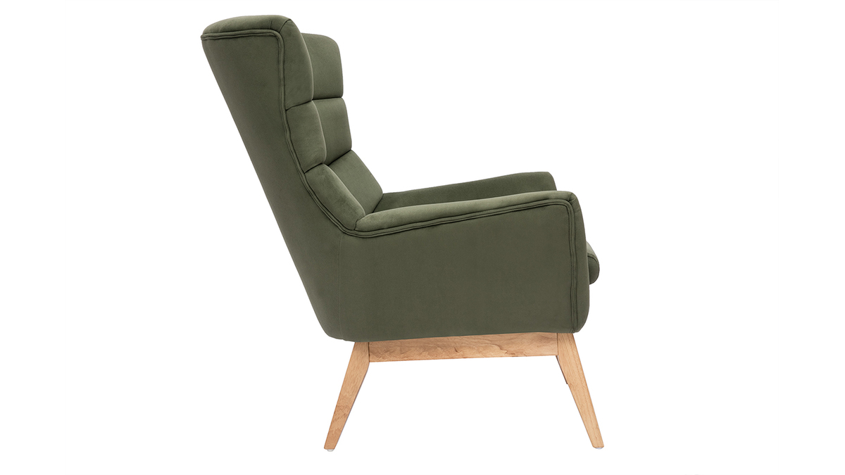 Skandinavischer Sessel mit Samteffekt in Khaki und Holz BRODY