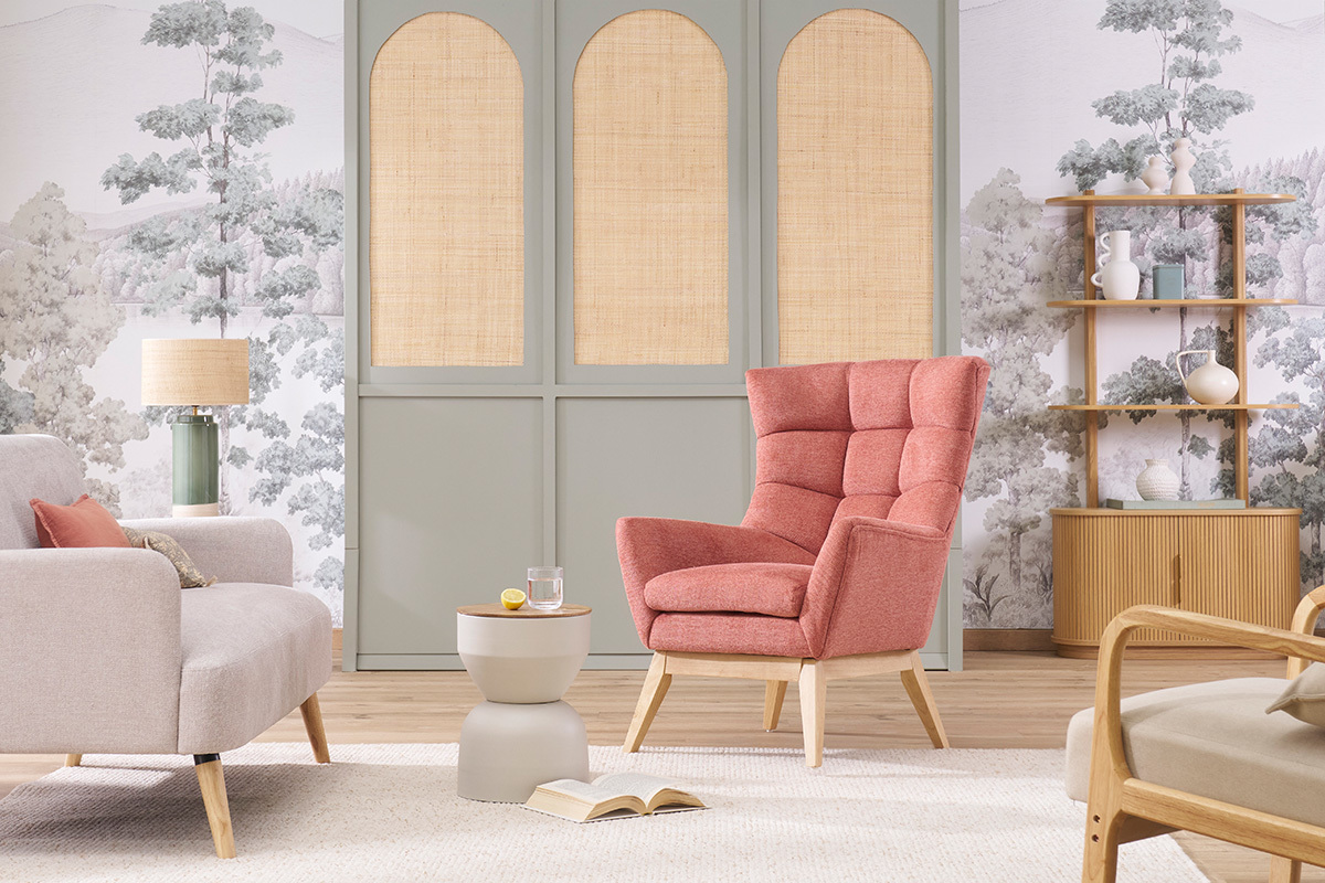 Skandinavischer Sessel Stoff mit Samteffekt Terracotta mit Holzfen BRODY