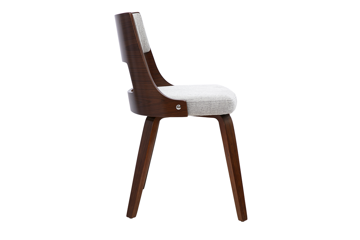 Skandinavischer Stuhl aus grauem Stoff und dunklem Holz, Seitenansicht, minimalistisches und modernes Design.