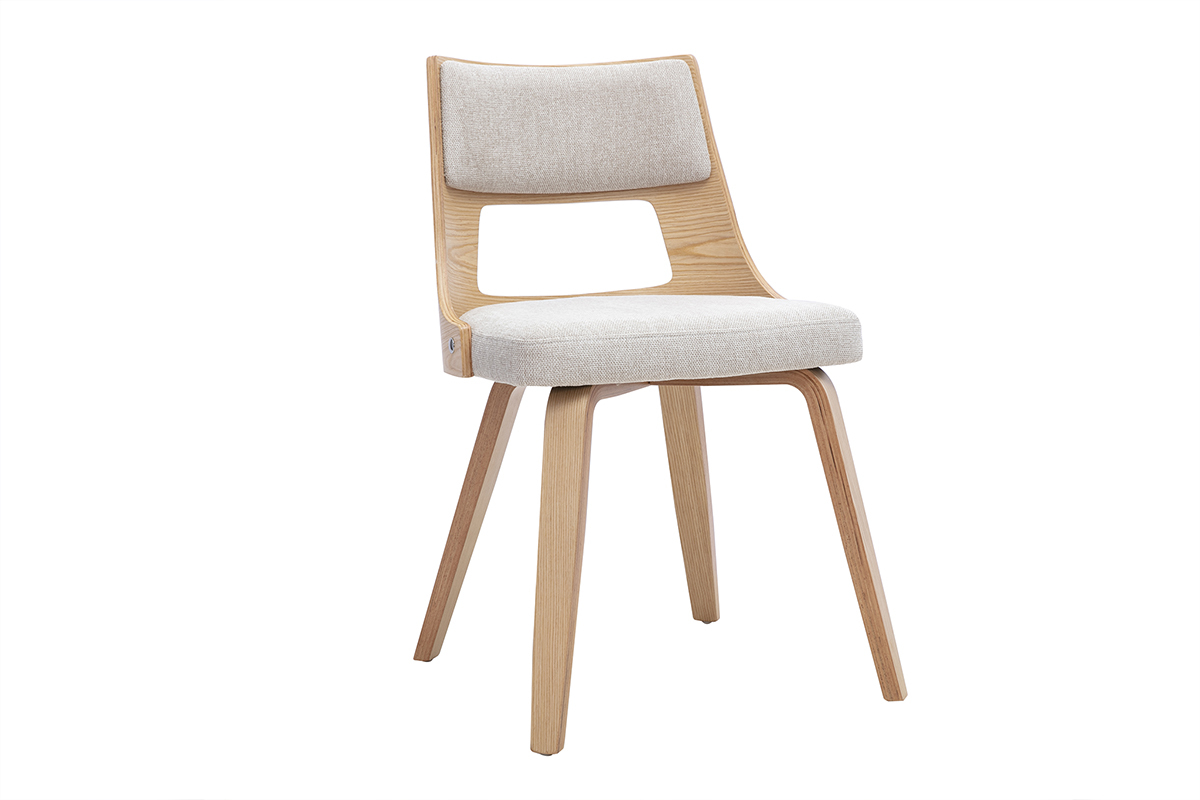 Skandinavischer Stuhl aus beigem Stoff und hellem Holz, 3/4-Ansicht, modernes Design