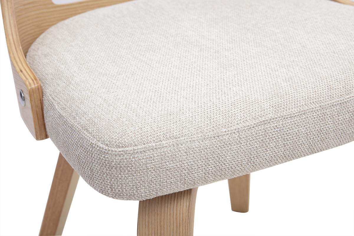 Detail des skandinavischen Stuhls GARBO aus beigem Stoff und hellem Holz, Nahaufnahme der Sitzfl�che.