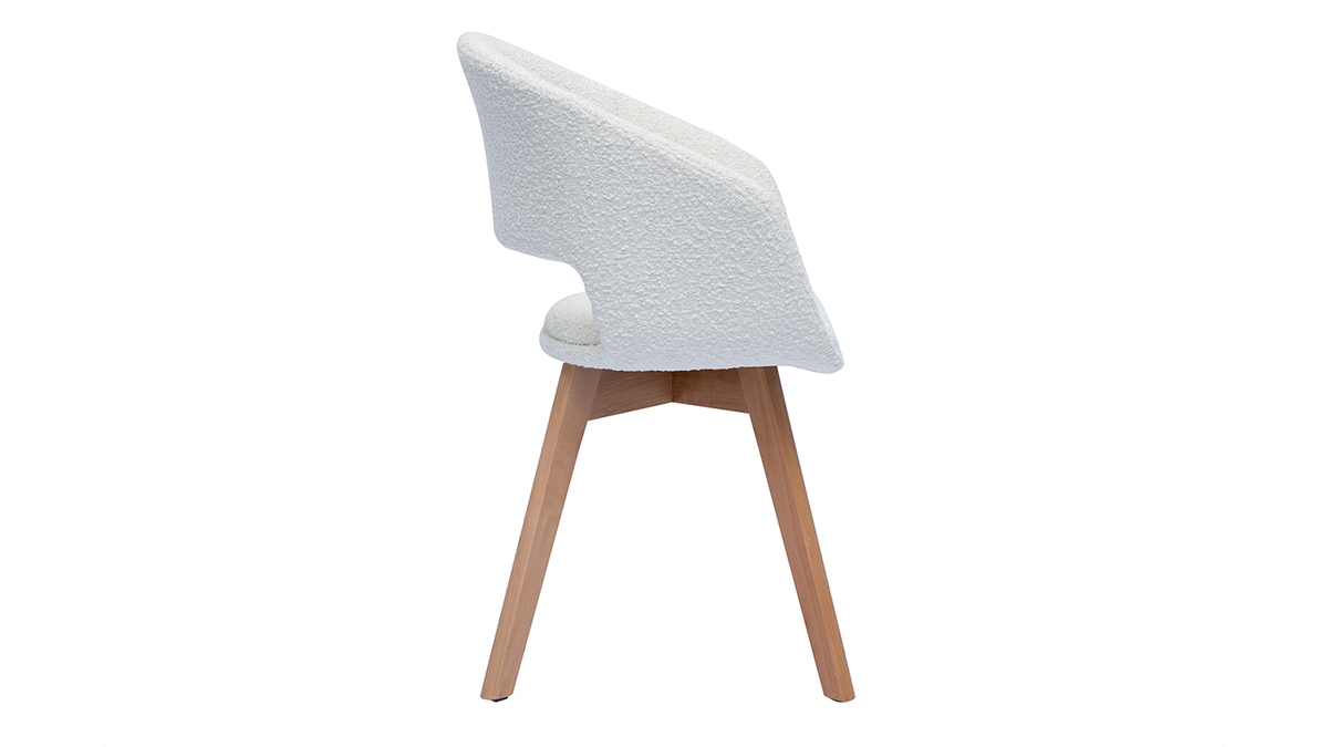 Skandinavischer Stuhl aus weiem Stoff mit Boucl-Wolleffekt und hellem Massivholz PRISMA