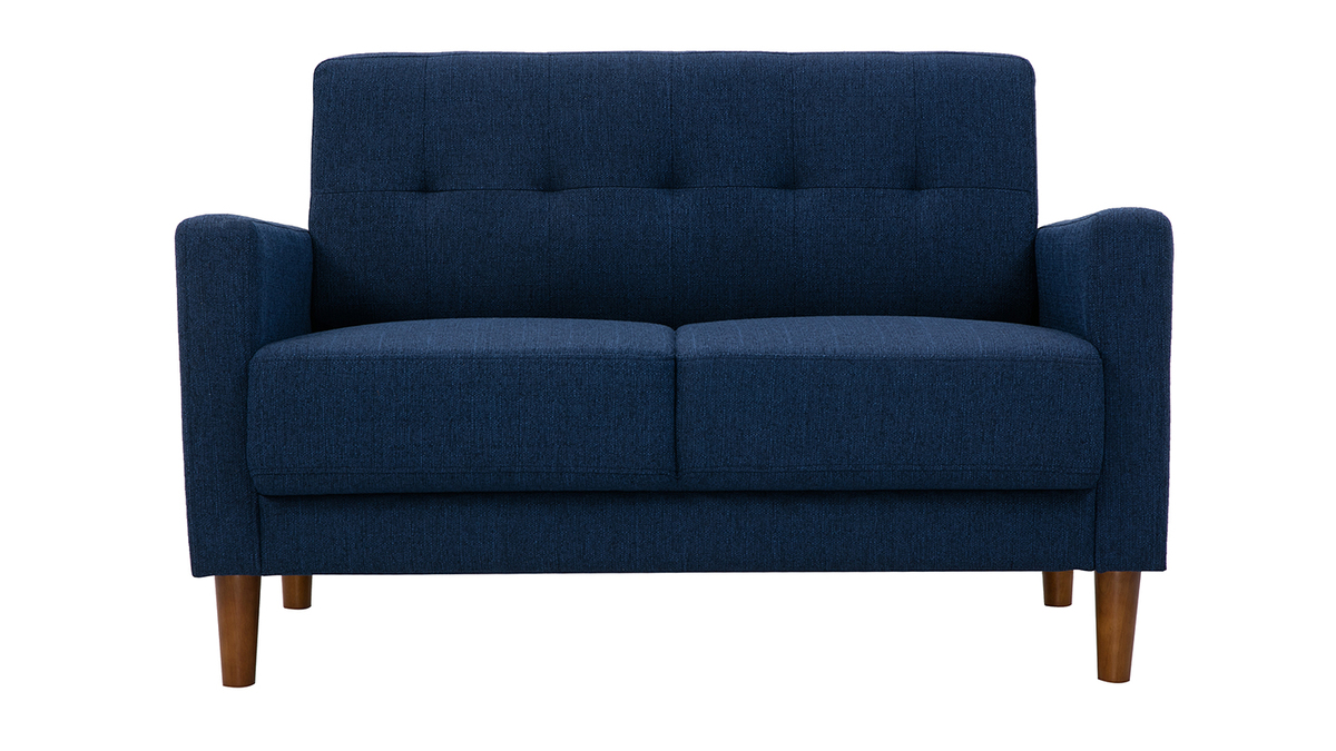 Skandinavisches 2-Sitzer-Sofa aus dunkelblauem Stoff und dunklem Holz MOON