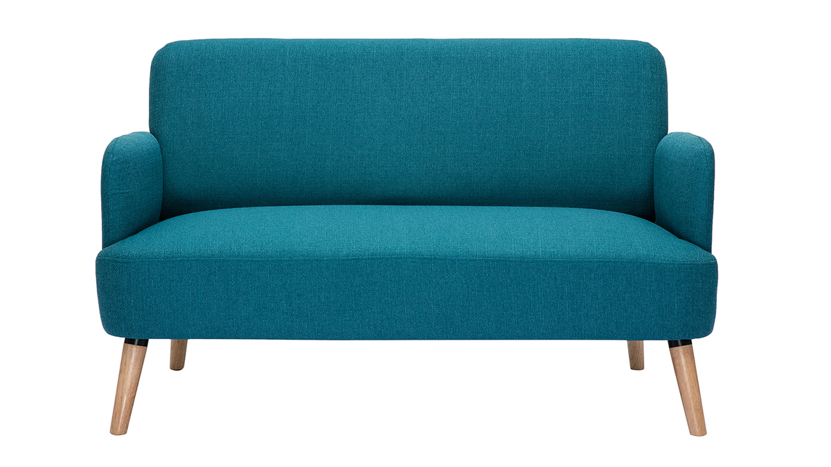 Skandinavisches 2-Sitzer-Sofa aus entenblauem Stoff und hellem Holz ISKO