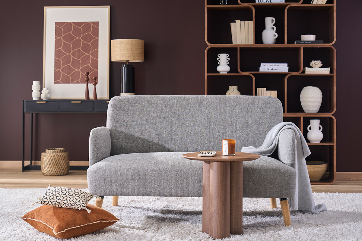 Skandinavisches 2-Sitzer-Sofa aus entenblauem Stoff und hellem Holz ISKO