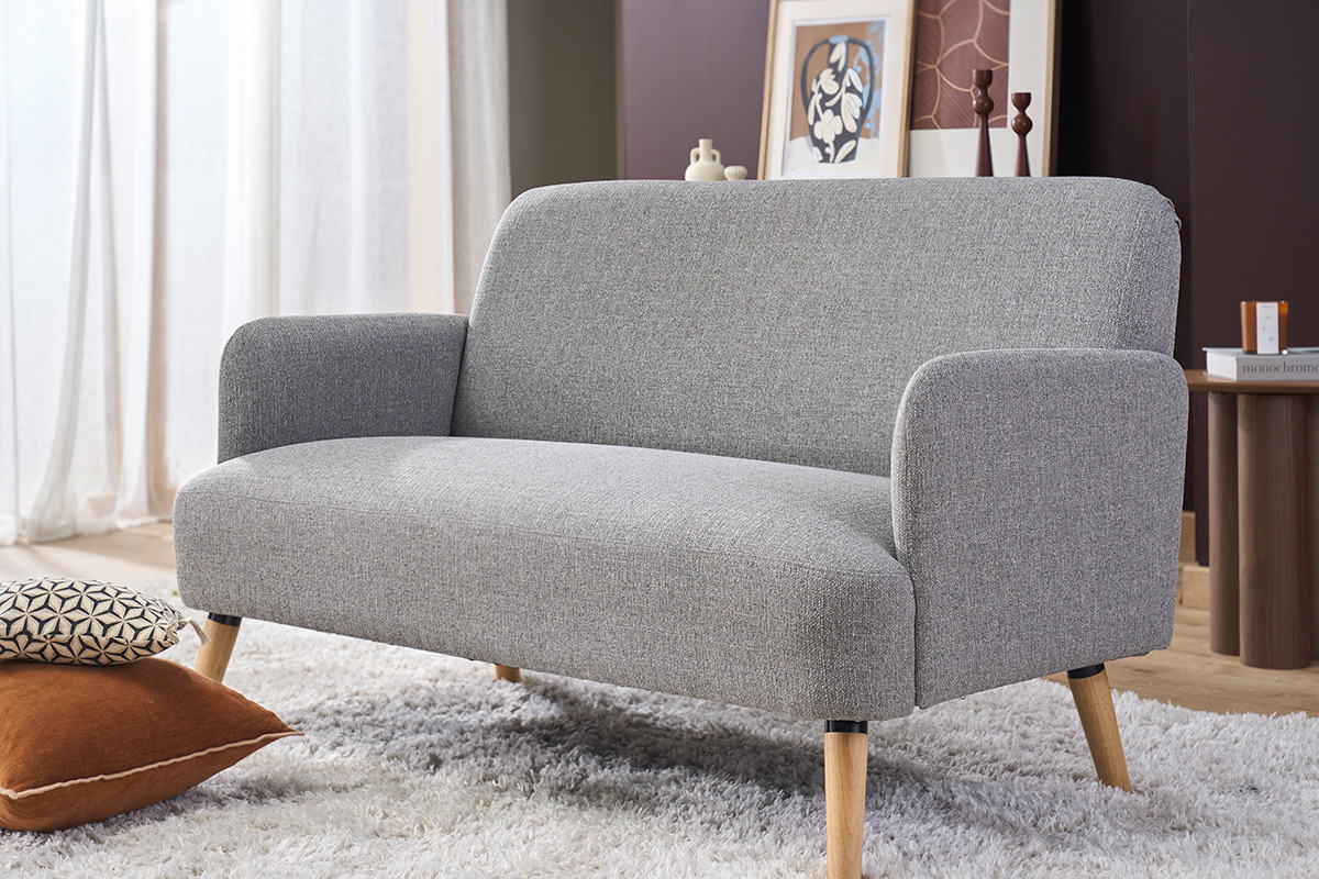 Skandinavisches 2-Sitzer-Sofa aus entenblauem Stoff und hellem Holz ISKO