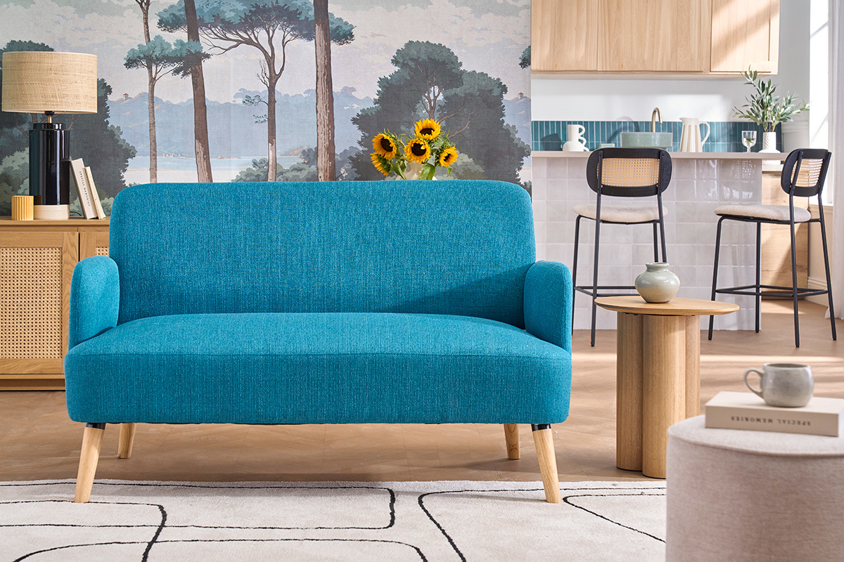 Skandinavisches 2-Sitzer-Sofa aus entenblauem Stoff und hellem Holz ISKO