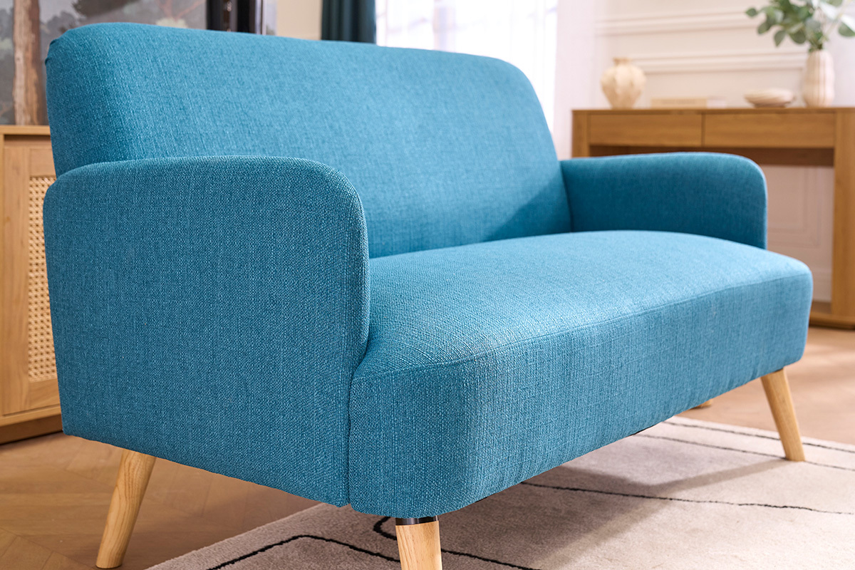 Skandinavisches 2-Sitzer-Sofa aus entenblauem Stoff und hellem Holz ISKO