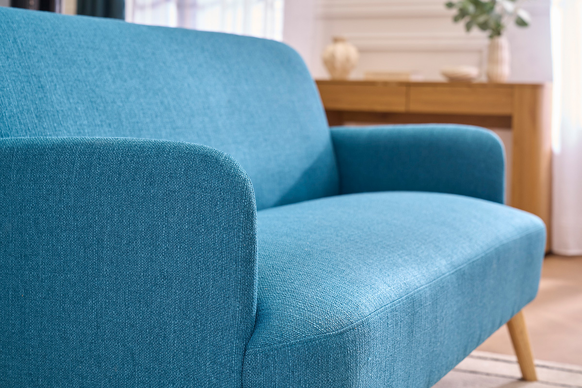 Skandinavisches 2-Sitzer-Sofa aus entenblauem Stoff und hellem Holz ISKO