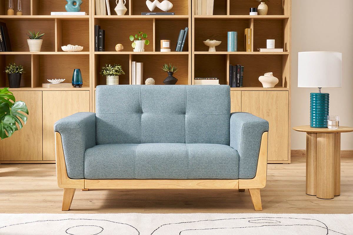Skandinavisches 2-Sitzer-Sofa aus khakifarbenem Samteffekt und hellem Holz FJORD