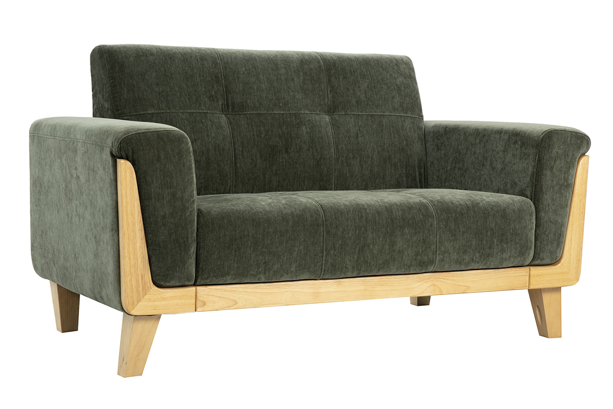 Skandinavisches 2-Sitzer-Sofa aus khakifarbenem Samteffekt und hellem Holz FJORD