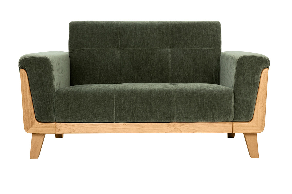 Skandinavisches 2-Sitzer-Sofa aus khakifarbenem Samteffekt und hellem Holz FJORD