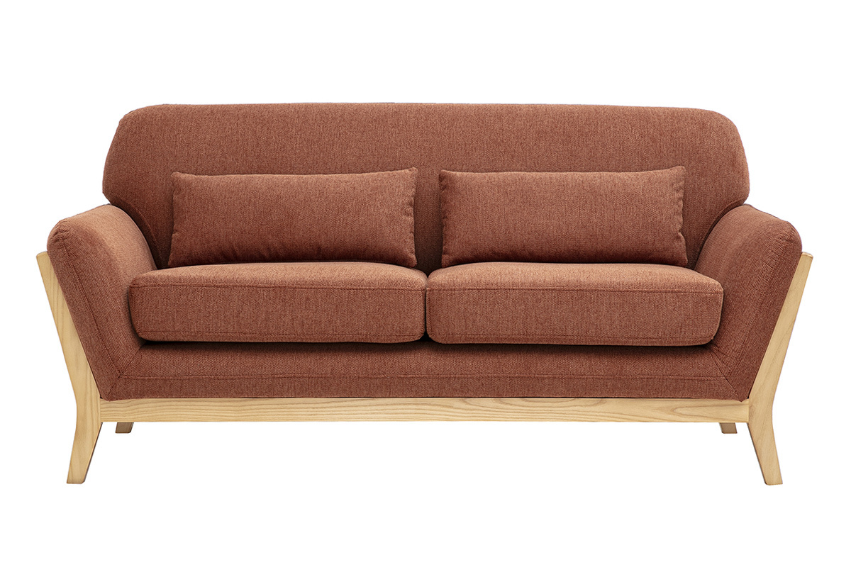 Skandinavisches 2-Sitzer-Sofa aus Stoff mit strukturierter Samtoptik in Ziegelrot, Vorderansicht.