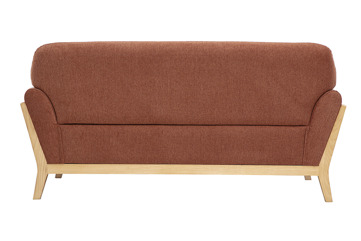 Skandinavisches 2-Sitzer-Sofa, R�ckansicht, Stoff in Samtoptik in gebrannter Erde und Gestell aus hellem Holz.