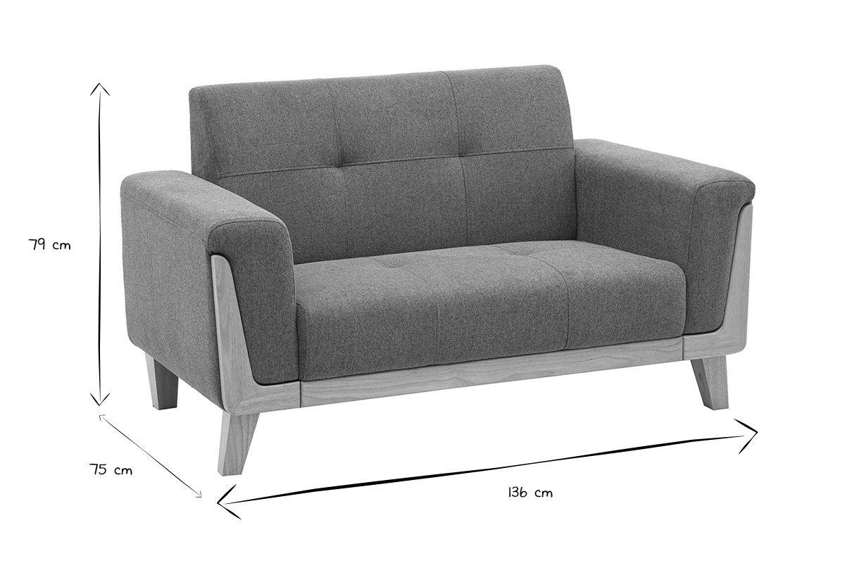 Abmessungen des skandinavischen 2-Sitzer-Sofas: L136 x T75 x H79 cm in Schwarz und Wei�.