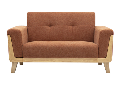 Skandinavisches 2-Sitzer-Sofa aus Stoff mit strukturiertem Samteffekt, erdiges Ziegelrot und hellem Holz FJORD