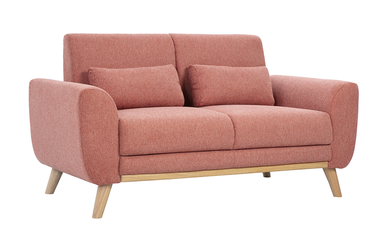 Skandinavisches 2-Sitzer-Sofa aus strukturiertem Samtstoff in Terrakotta und hellem Holz EKTOR