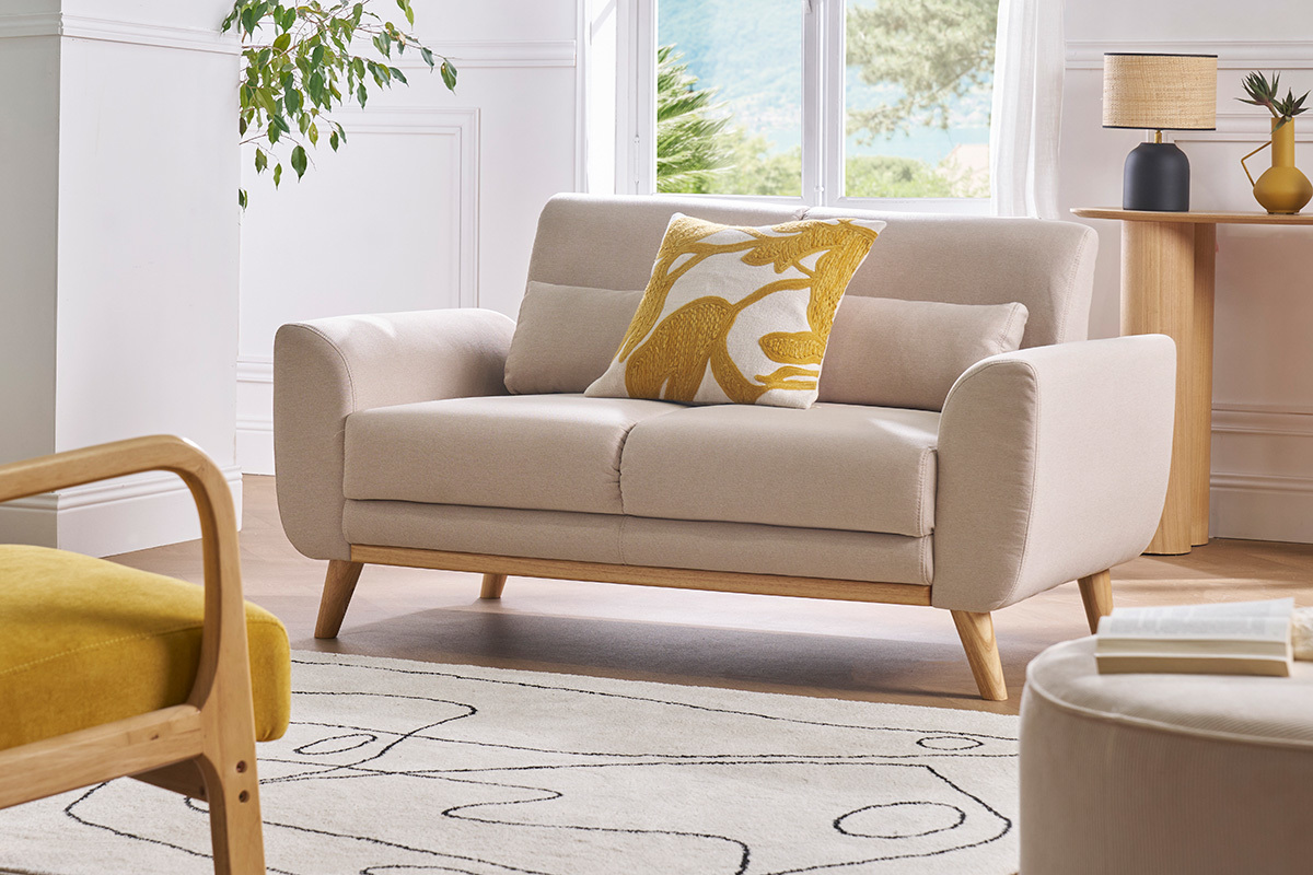 Skandinavisches 2-Sitzer-Sofa aus strukturiertem Samtstoff in Terrakotta und hellem Holz EKTOR