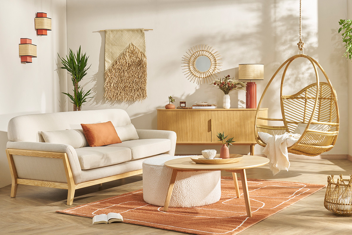 Skandinavisches 2-Sitzer-Sofa aus terrakotta-farbenem samtigem Textil und hellem Holz YOKO