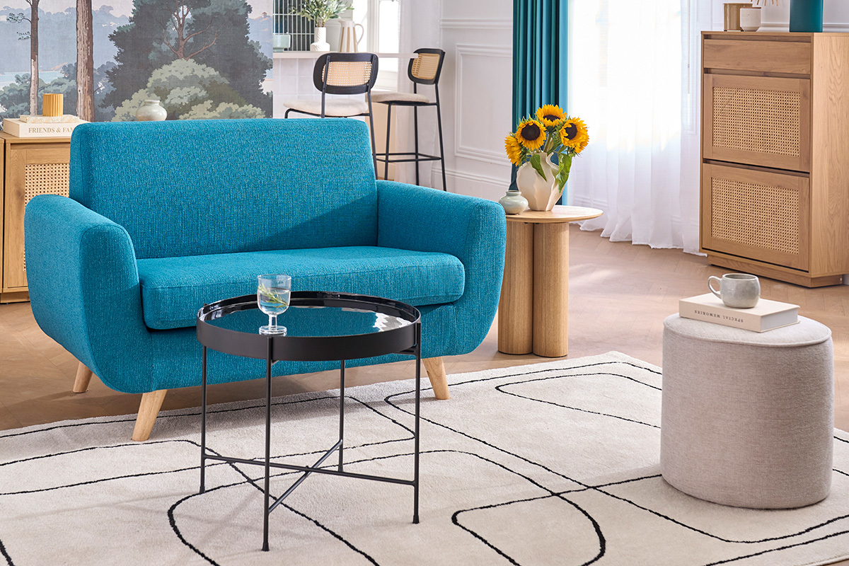 Skandinavisches 2-Sitzer-Sofa in Entenblau aus massivem Hevea PURE