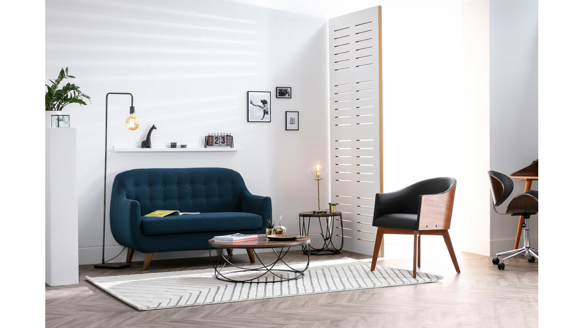 Skandinavisches 2-Sitzer-Sofa mit abnehmbarem Bezug in entenblau und Holz YNOK