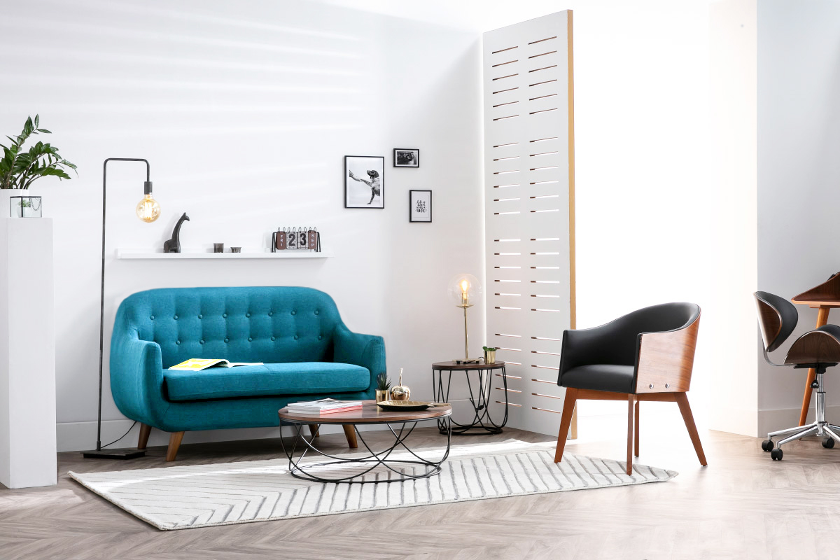 Skandinavisches 2-Sitzer-Sofa mit abnehmbarem Bezug in entenblau und Holz YNOK