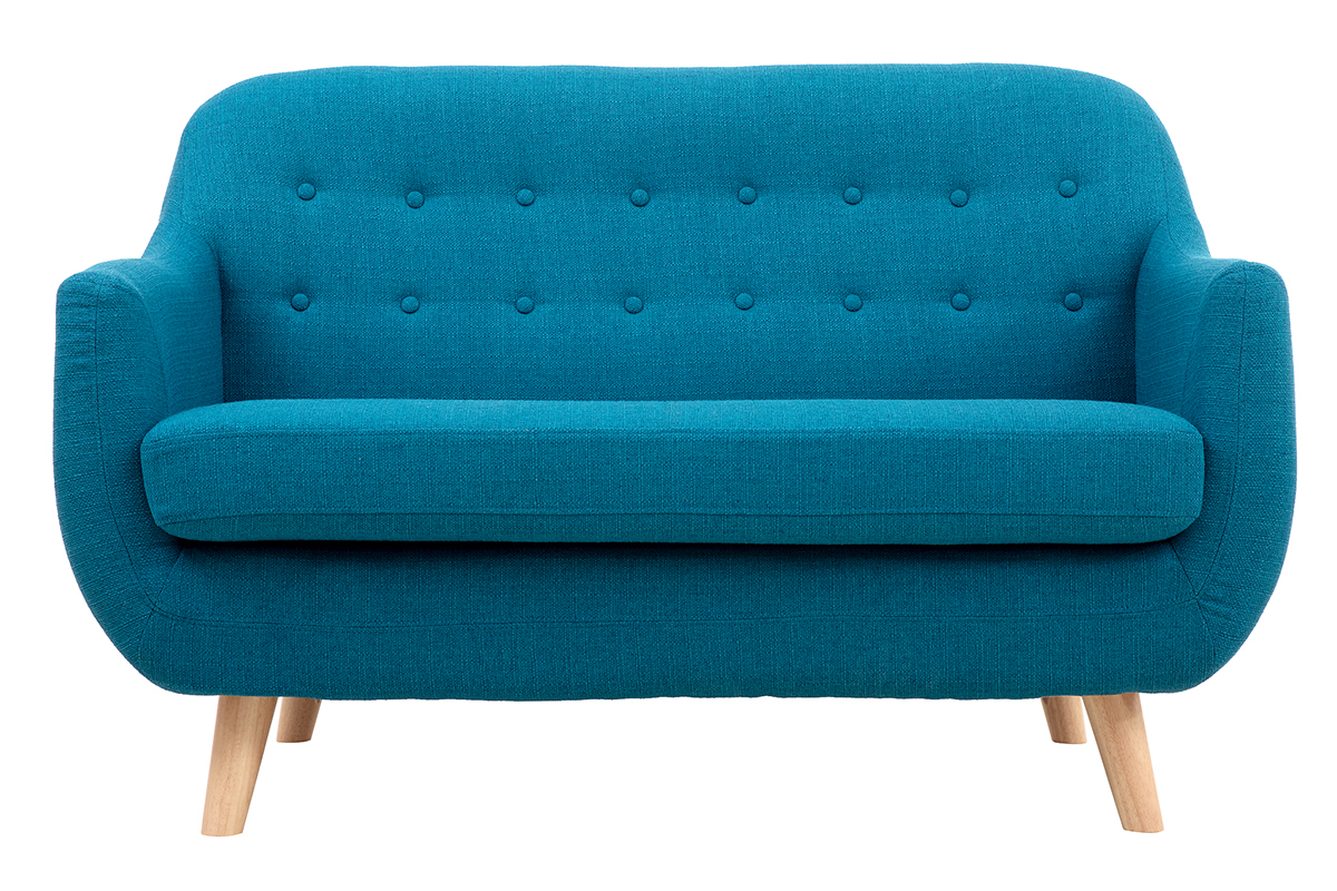 Skandinavisches 2-Sitzer-Sofa mit abnehmbarem Bezug in entenblau und Holz YNOK