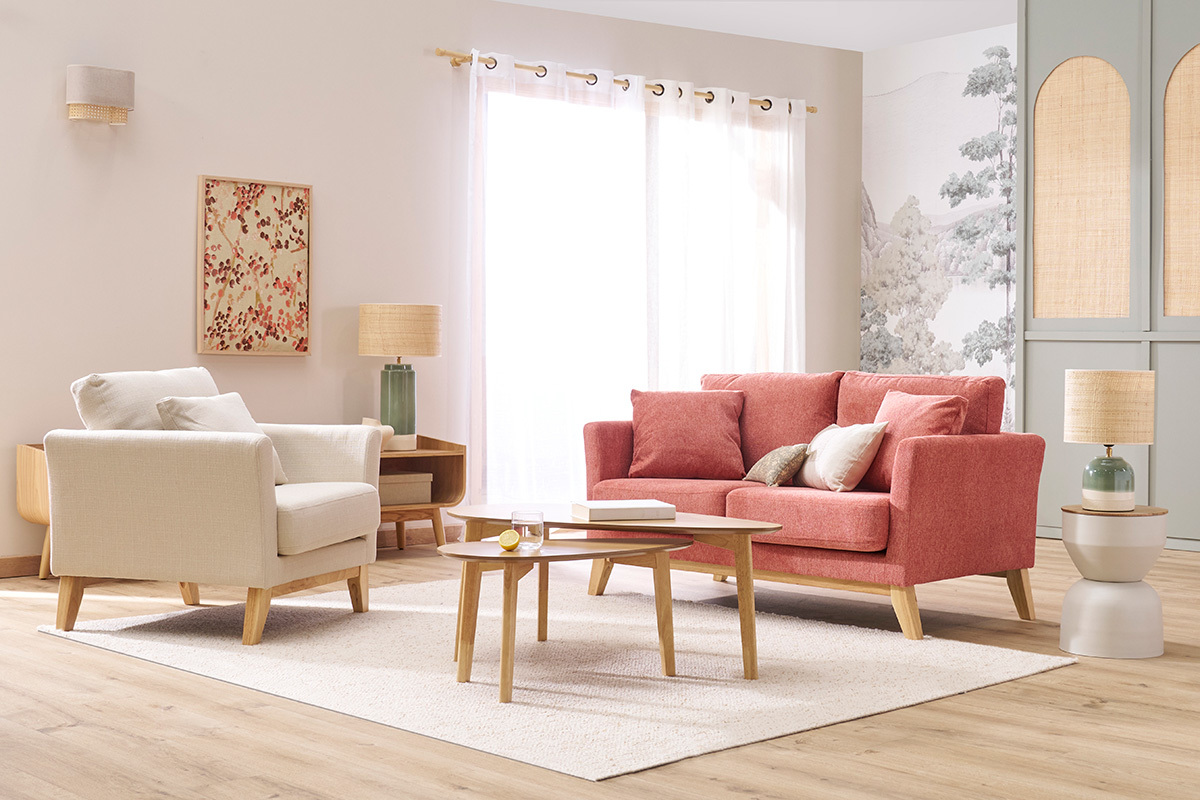 Skandinavisches 2-Sitzer-Sofa mit abnehmbarem Bezug in Terracotta mit strukturiertem Samteffekt OSLO