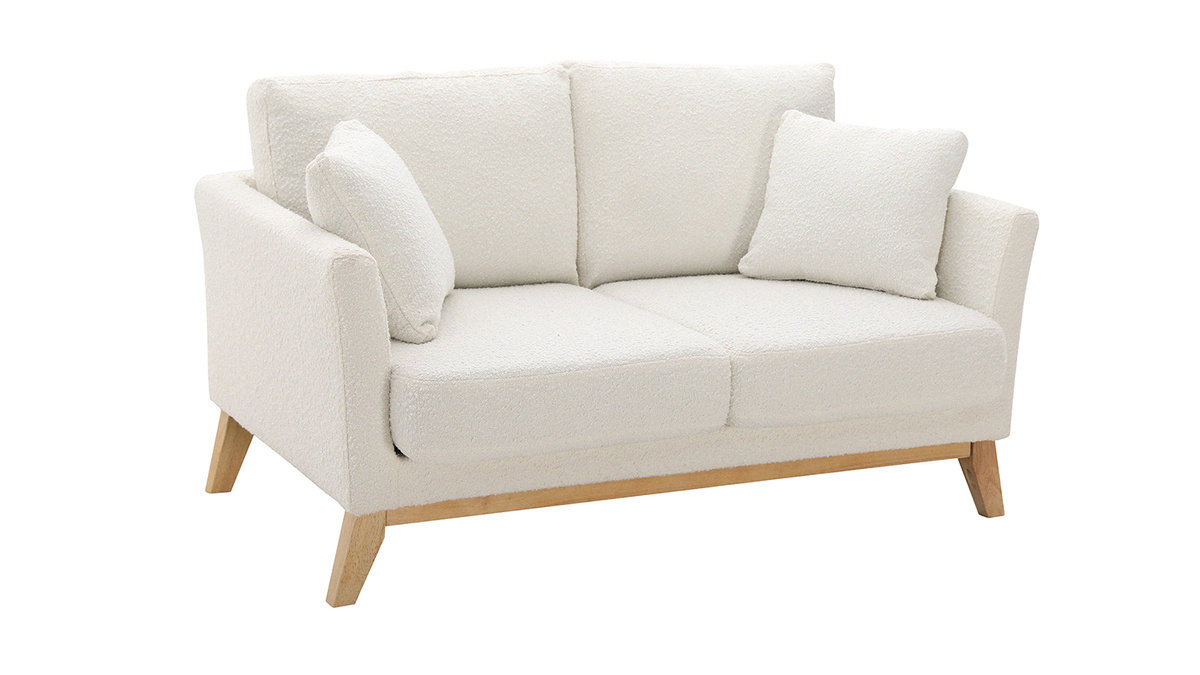 Skandinavisches 2-Sitzer-Sofa mit abnehmbarem Bezug in Weiß mit Bouclé-Wolleffekt und Holzfüßen OSLO