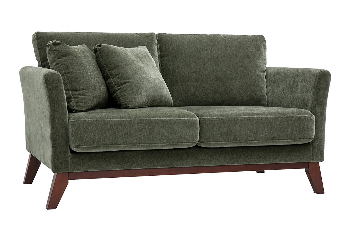 Skandinavisches 2-Sitzer-Sofa mit abnehmbarem Bezug aus Stoff mit Samteffekt in Khaki-Gr�n, sichtbare Seiten und Kissen.