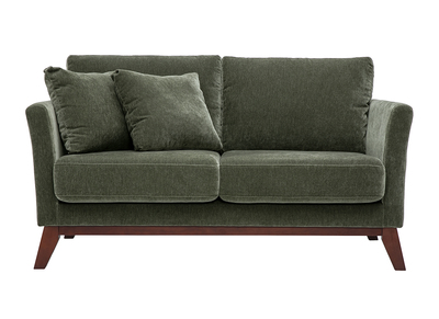 Skandinavisches 2-Sitzer-Sofa mit abnehmbaren Bez&uuml;gen aus Stoff in samtiger Optik, khakigr&uuml;n und dunklem Holz OSLO