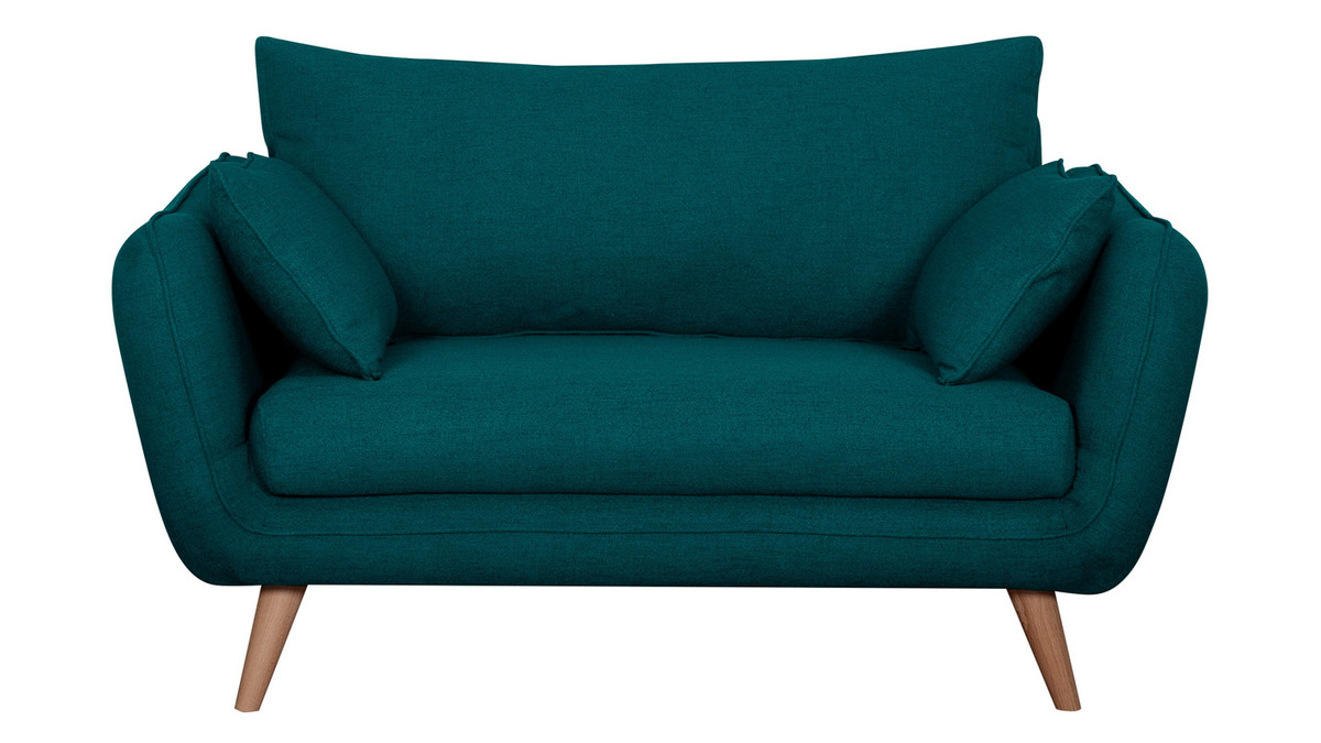 Skandinavisches 2-Sitzer-Sofa pfauenblau mit Fen aus massivem Buchenholz CREEP