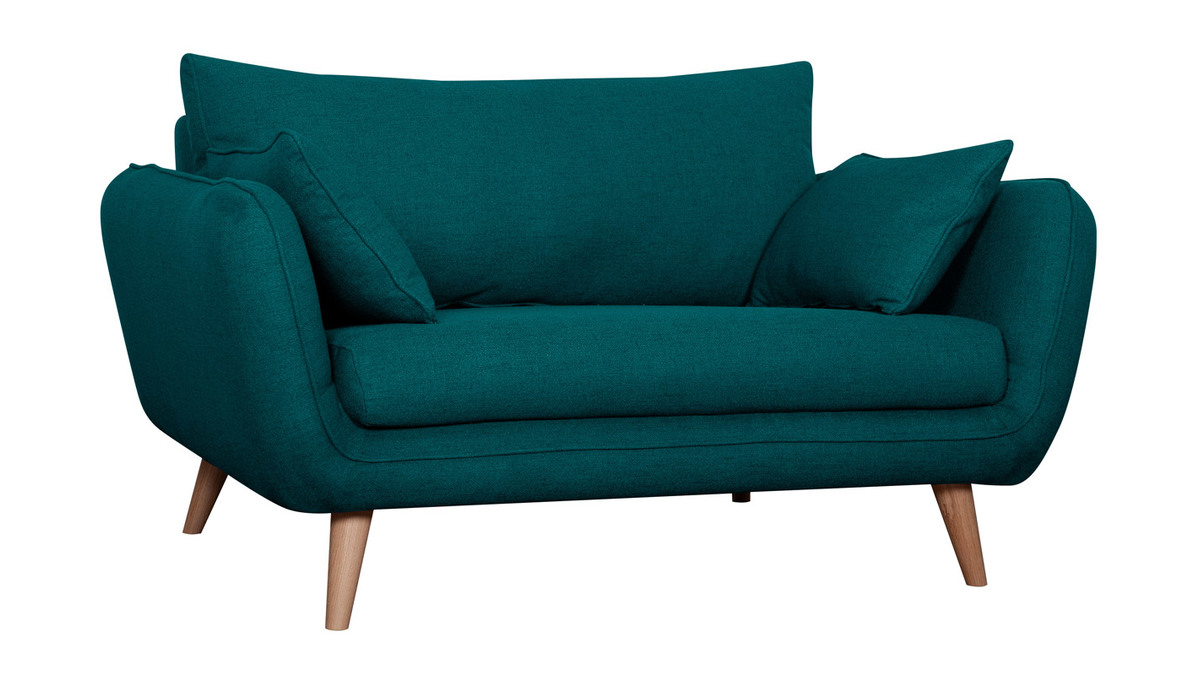 Skandinavisches 2-Sitzer-Sofa pfauenblau mit Fen aus massivem Buchenholz CREEP