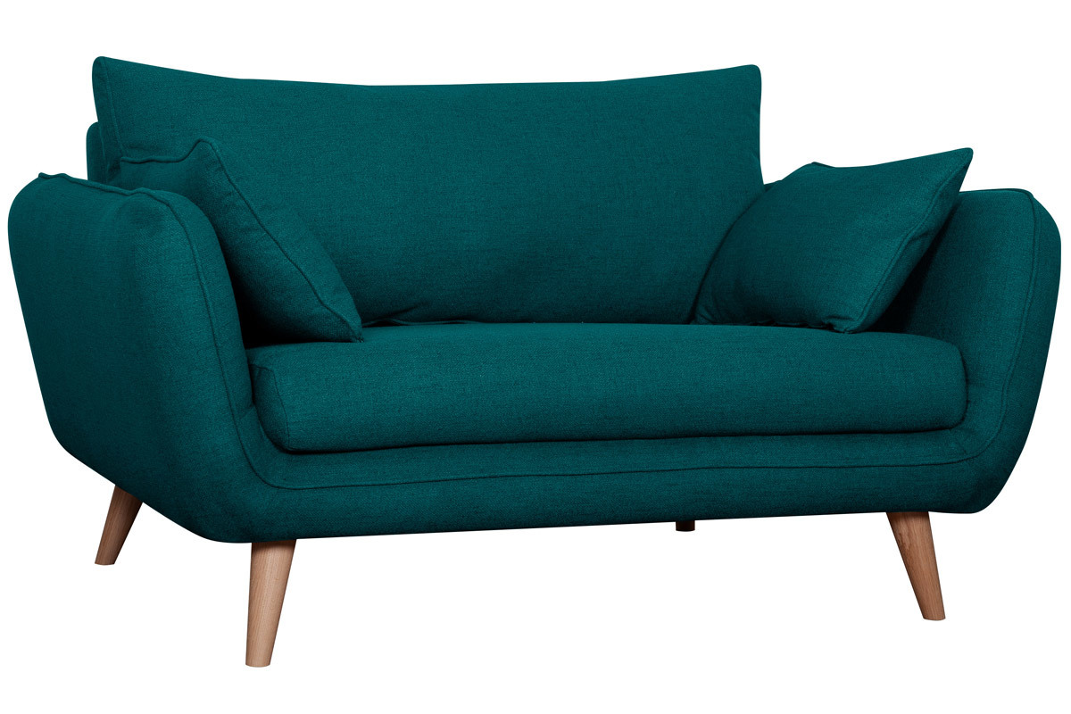 Skandinavisches 2-Sitzer-Sofa pfauenblau mit Fen aus massivem Buchenholz CREEP