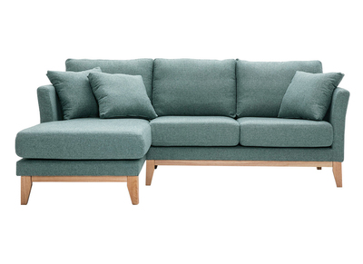 Skandinavisches 3/4-Sitzer-Ecksofa linksseitig mit abziehbarem, graugrünem Stoff und hellem Holz OSLO