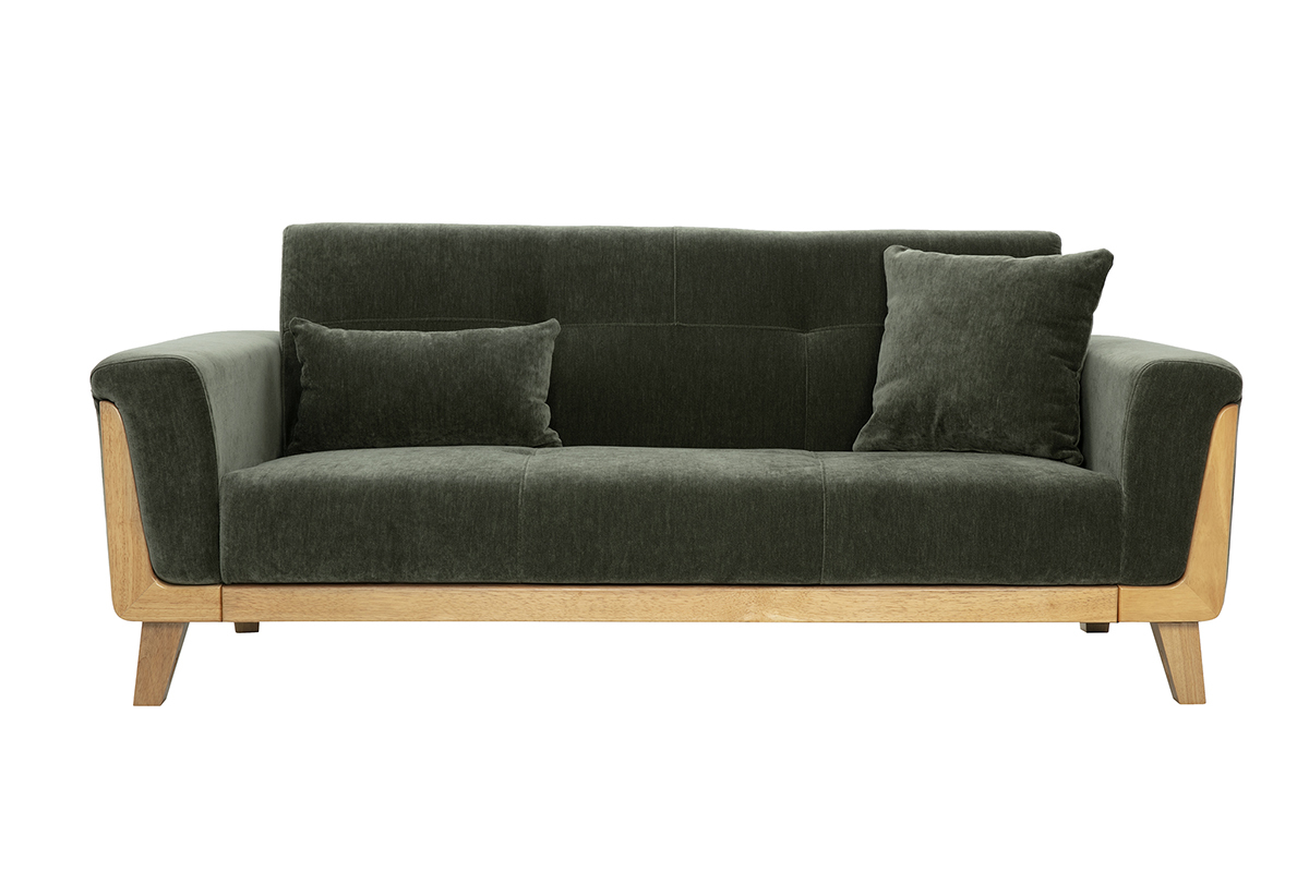 Skandinavisches 3-Sitzer-Sofa aus grnem khakifarbenem Samtstoff und hellem Holz FJORD