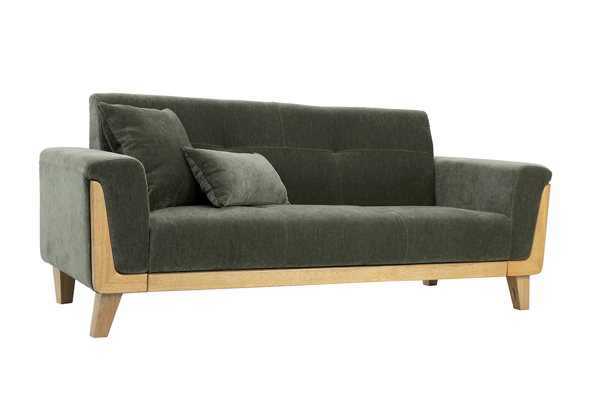 Skandinavisches 3-Sitzer-Sofa aus grnem khakifarbenem Samtstoff und hellem Holz FJORD