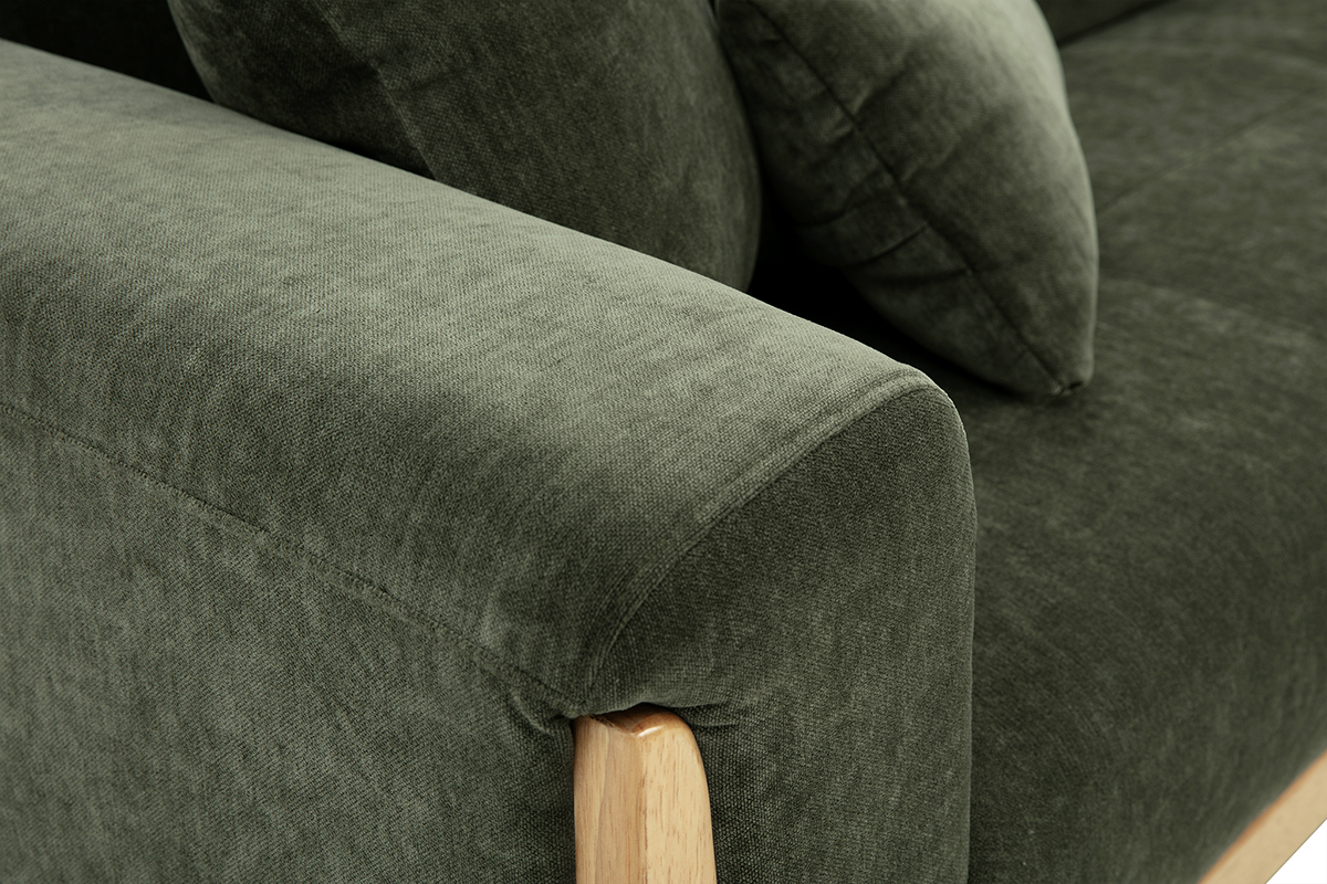 Skandinavisches 3-Sitzer-Sofa aus grnem khakifarbenem Samtstoff und hellem Holz FJORD