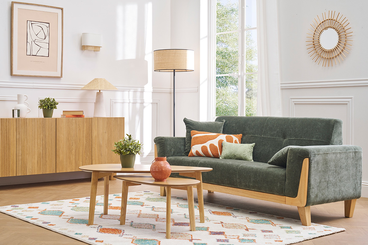 Skandinavisches 3-Sitzer-Sofa aus grnem khakifarbenem Samtstoff und hellem Holz FJORD