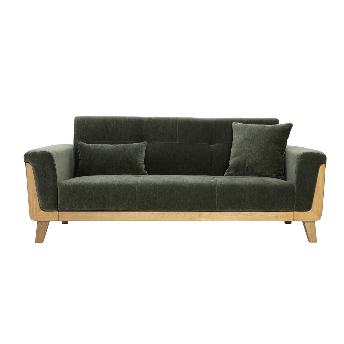 Miliboo Skandinavisches 3-Sitzer-Sofa aus grünem khakifarbenem Samtstoff und hellem Holz FJORD