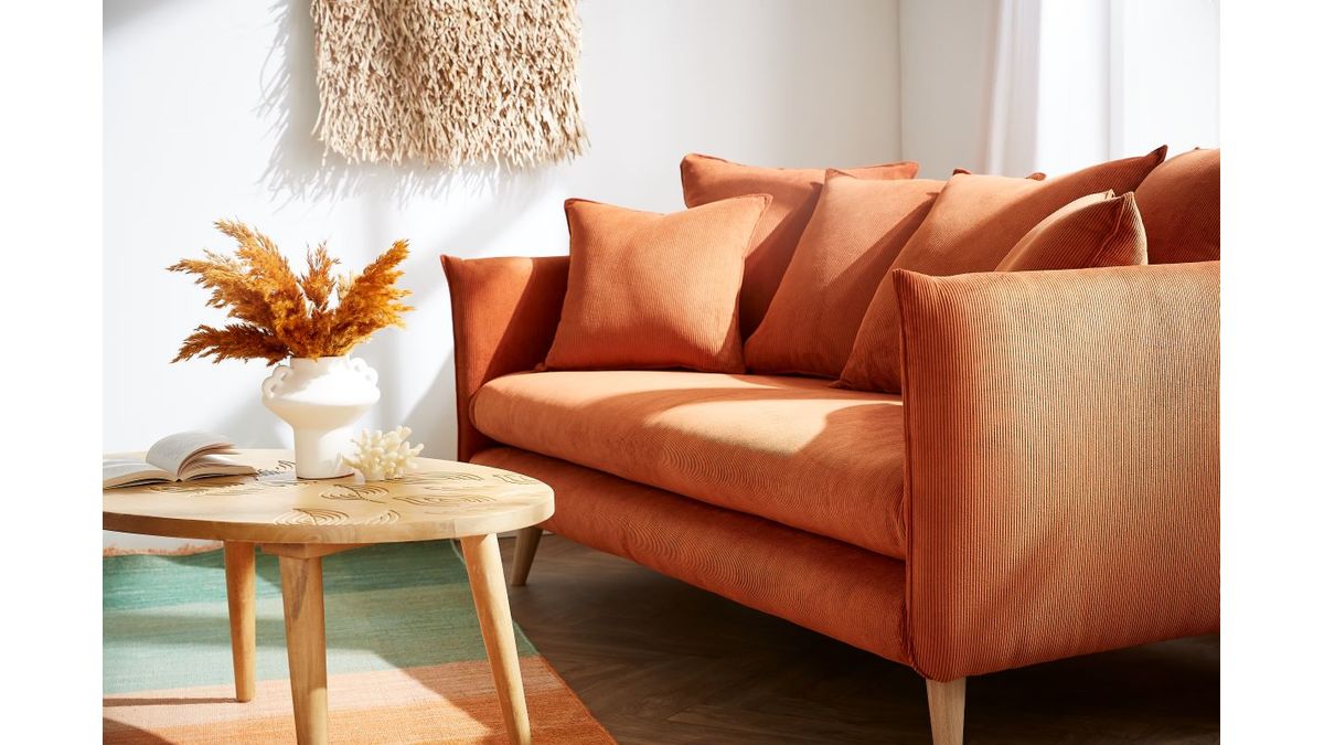 Skandinavisches 3-Sitzer-Sofa aus orangerotem Cord OLYMPIA