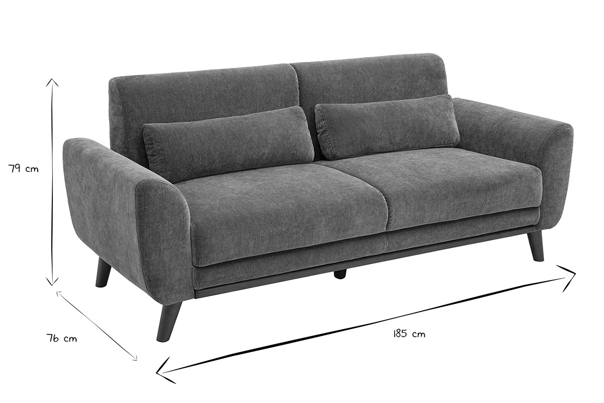 Skandinavisches 3-Sitzer-Sofa EKTOR mit in Schwarz-Wei� angegebenen Ma�en: 185 cm, 76 cm, 79 cm.