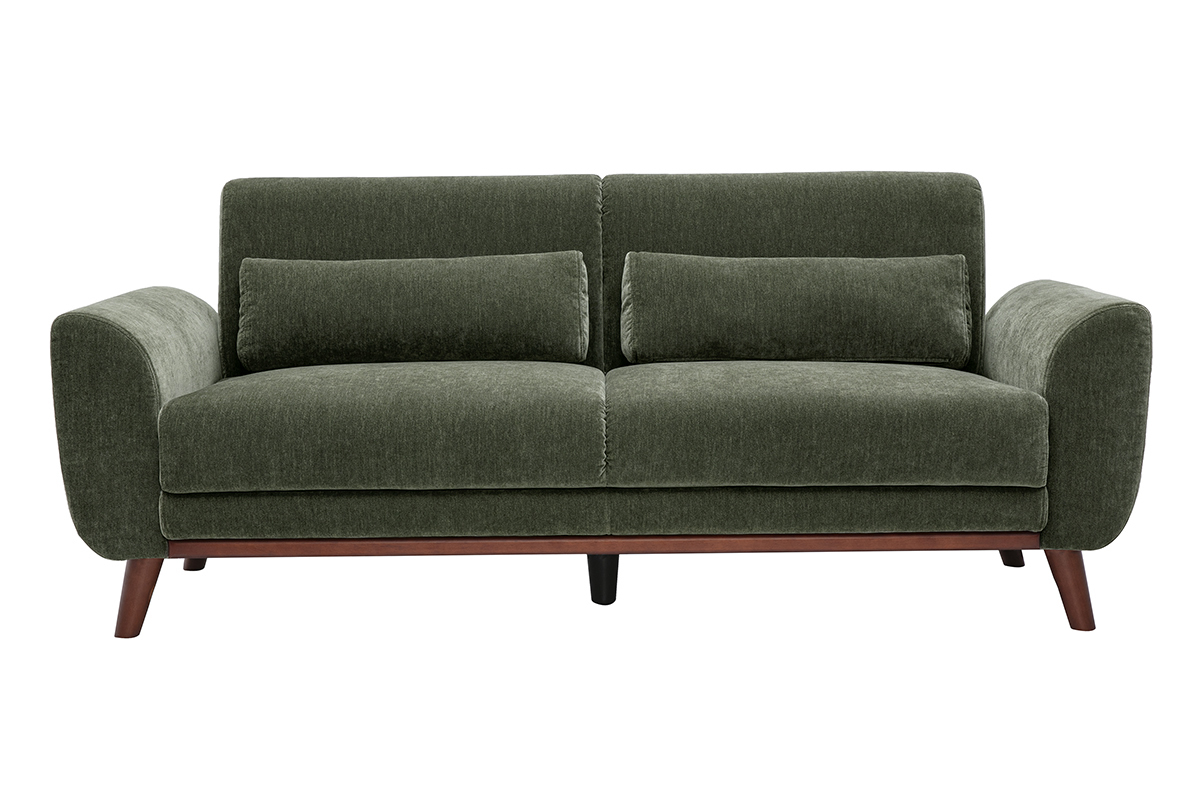 Skandinavisches 3-Sitzer-Sofa aus Stoff mit Samteffekt in Khaki-Gr�n, Vorderansicht mit abgerundeten Armlehnen.