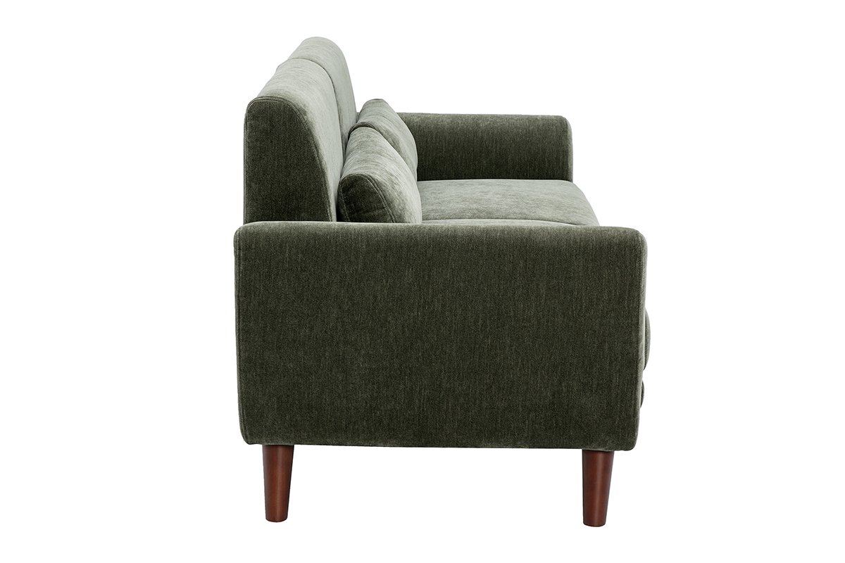 Skandinavisches 3-Sitzer-Sofa aus gr�nem Khaki-Stoff, Seitenansicht mit Armlehnen und F��en aus dunklem Holz.