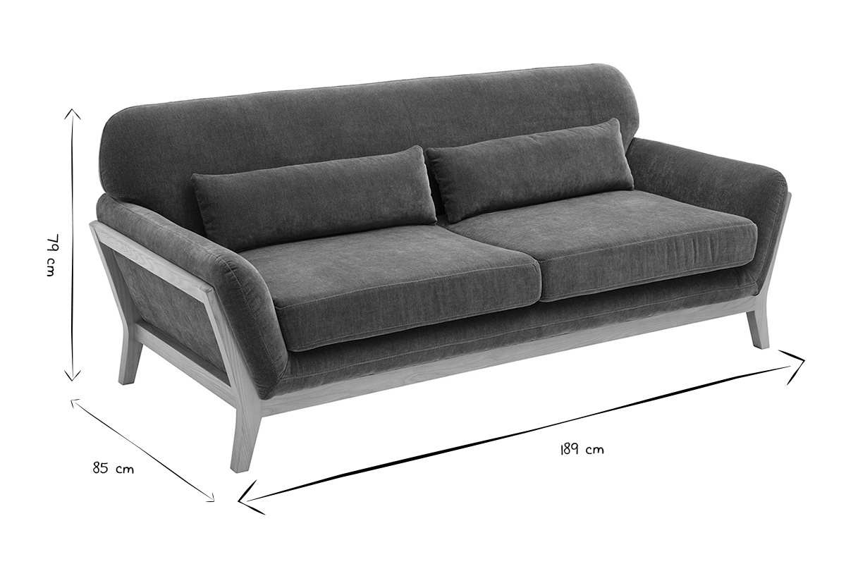Abmessungen des skandinavischen 3-Sitzer-Sofas YOKO in Schwarz und Wei�, L189 x T85 x H79 cm.