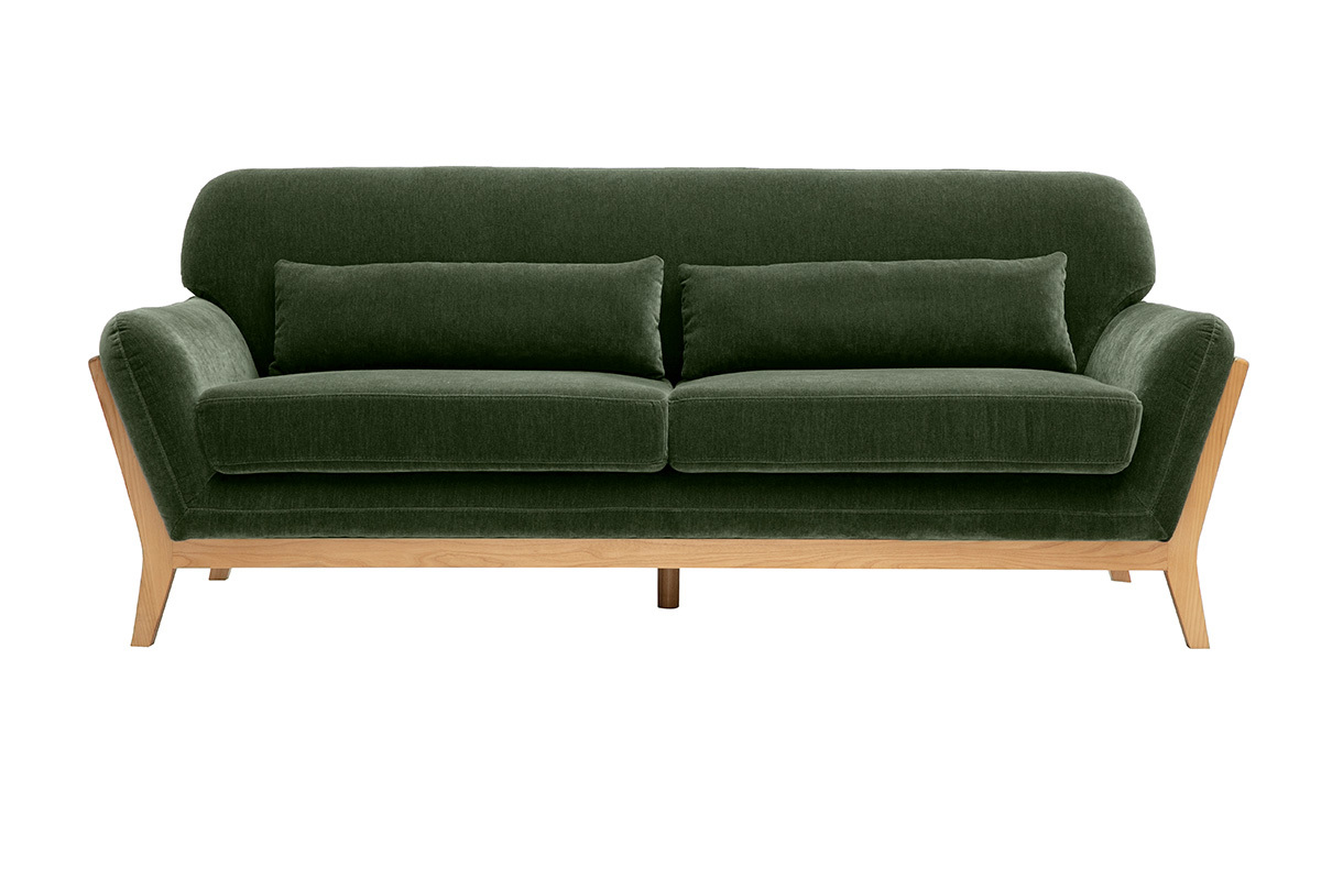 Skandinavisches 3-Sitzer-Sofa aus Stoff in Samtoptik, khaki-gr�n und hellem Holz, Vorderansicht.