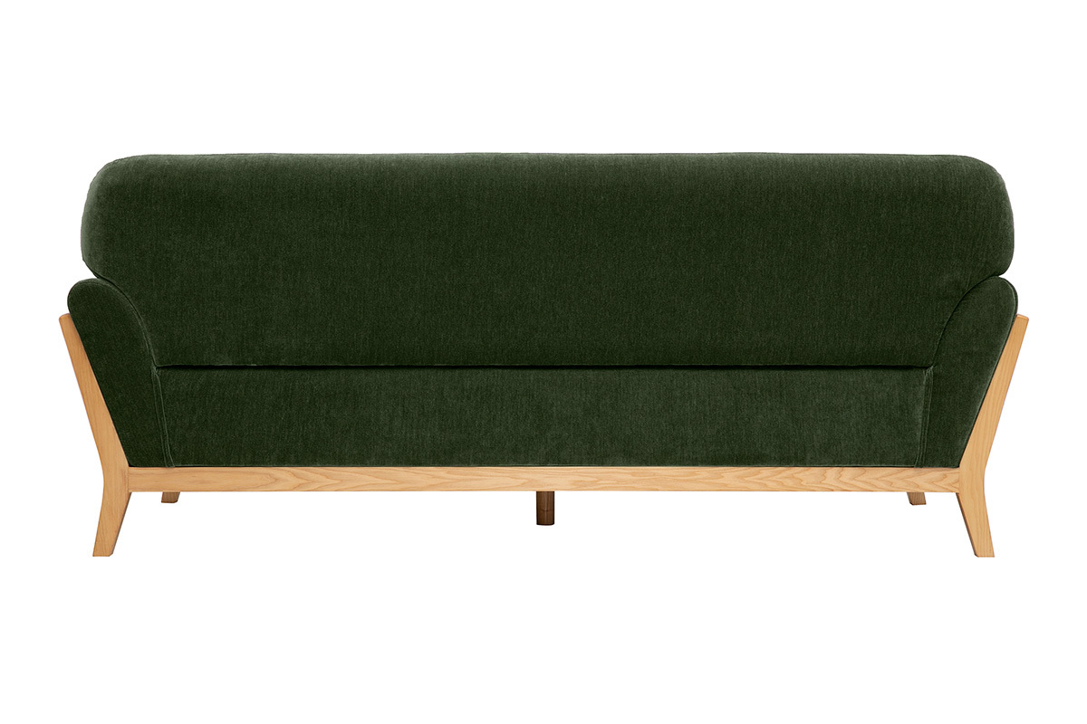 Skandinavisches 3-Sitzer-Sofa aus gr�nem Khaki-Samtstoff, R�ckansicht, mit Beinen aus hellem Holz.