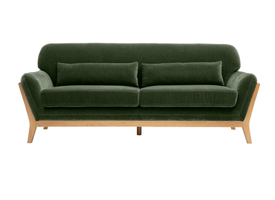 Skandinavisches 3-Sitzer-Sofa aus Stoff mit Samteffekt, kaki-gr&uuml;n und hellem Holz YOKO